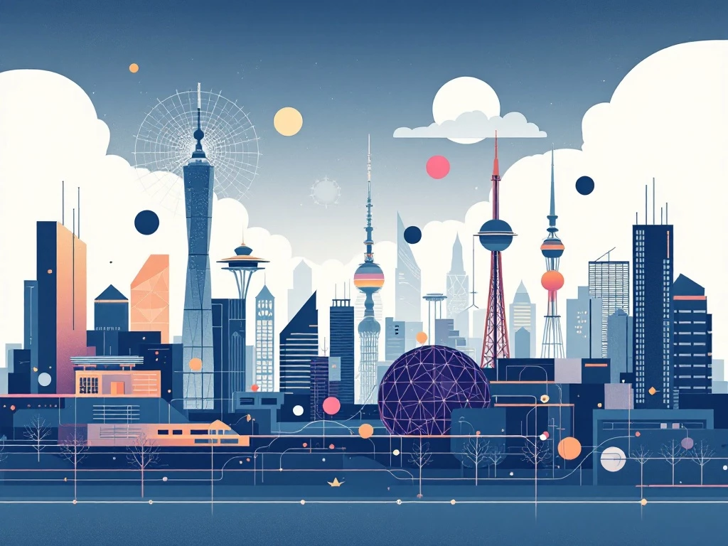 A minimalist digital illustration of a cityscape with geometric architectural elements and abstract shapes representing complex systems.