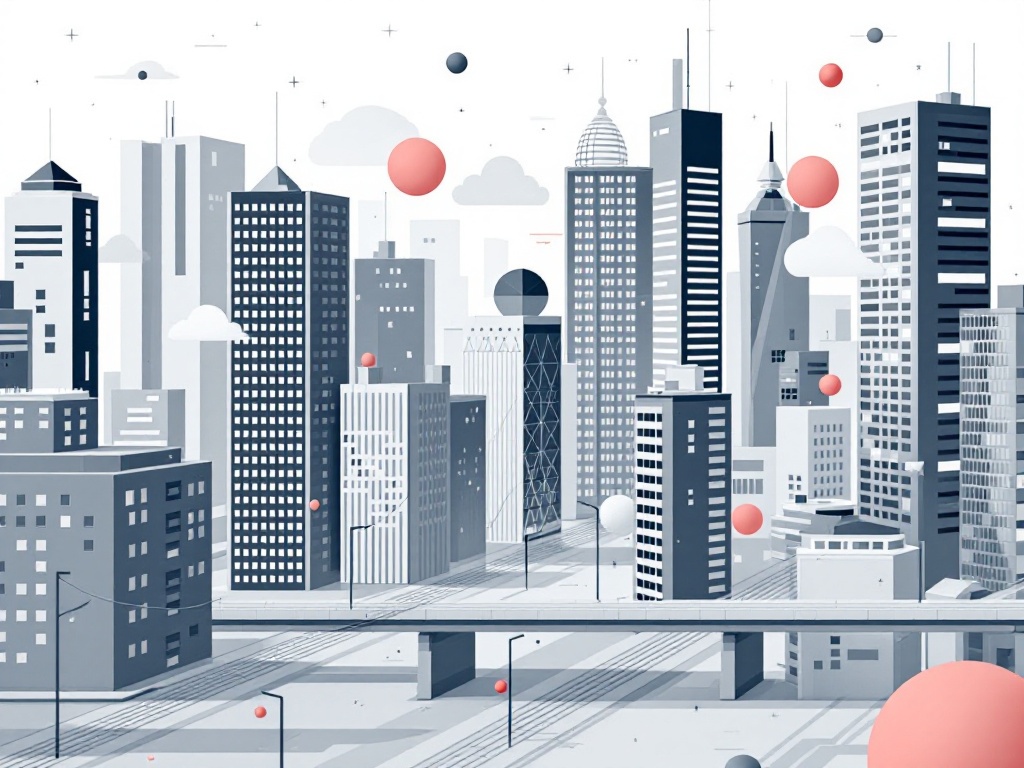 A sleek, minimalist cityscape with stylized buildings and geometric shapes representing modern urban environments.