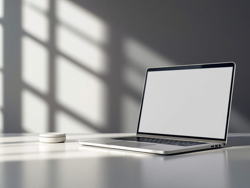Minimalist desktop scene with modern laptop and virtual assistant icon.