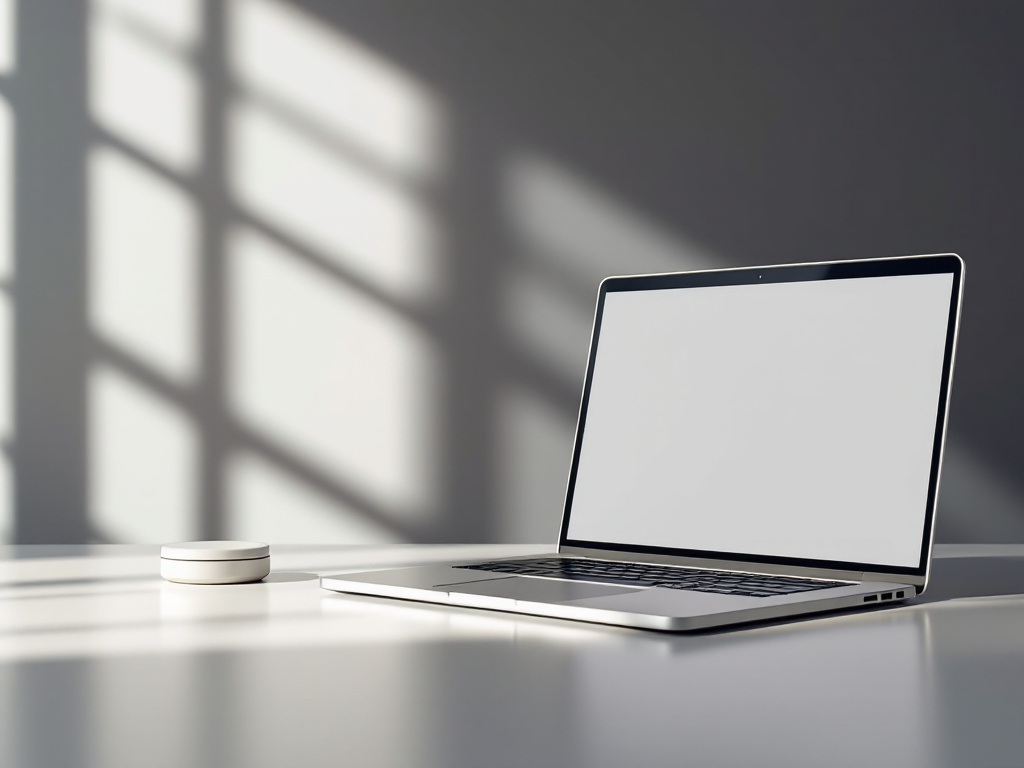 Minimalist desktop scene with modern laptop and virtual assistant icon.