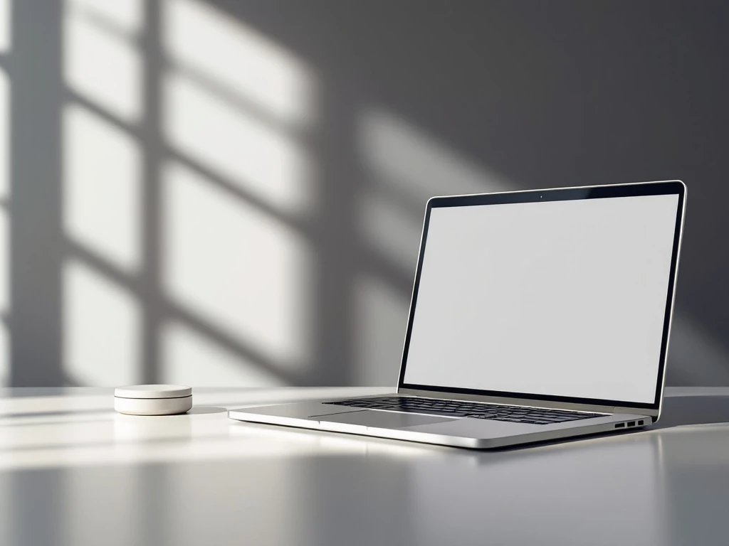Minimalist desktop scene with modern laptop and virtual assistant icon.