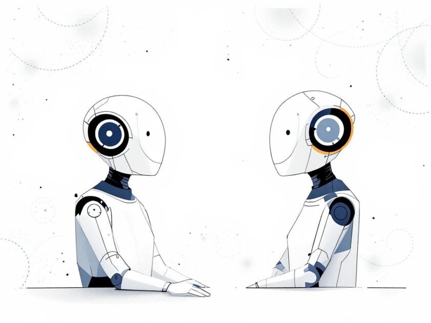 Modern illustration of two abstract software agents in conversation.