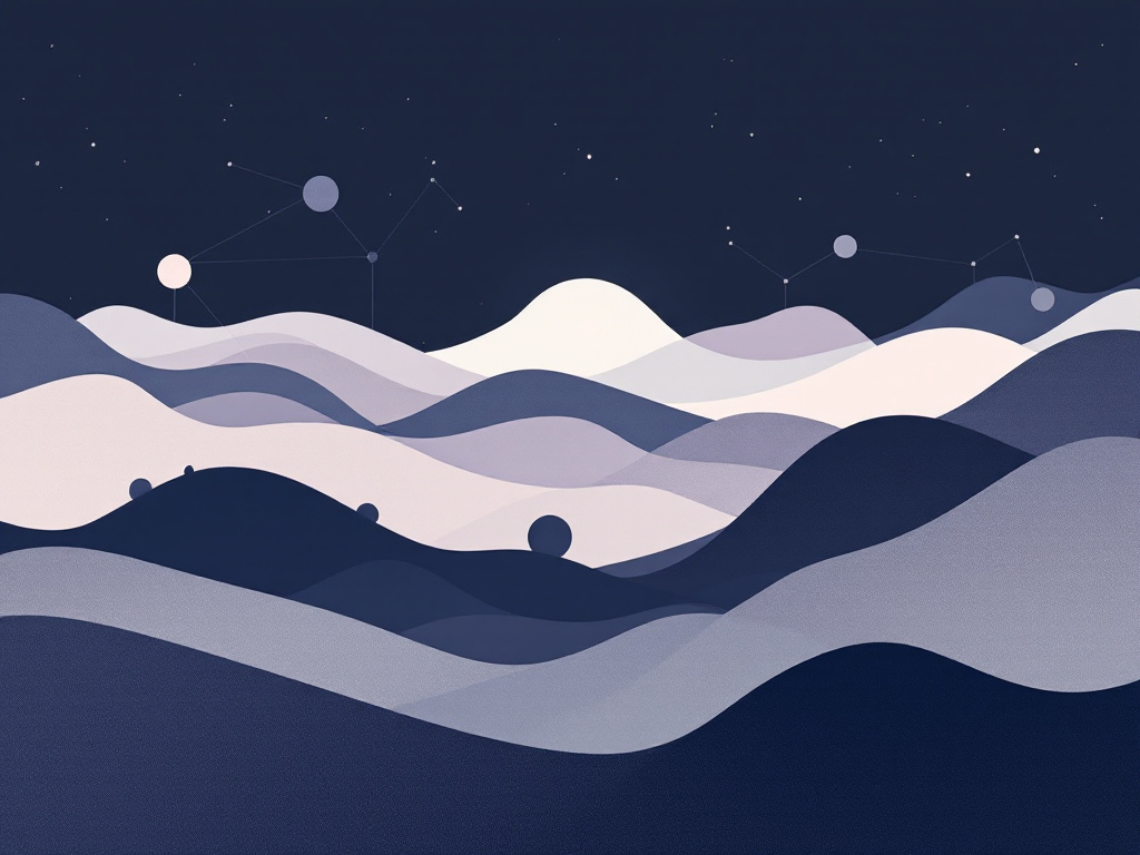 A minimalist, geometric landscape featuring interconnected shapes and forms in muted tones.