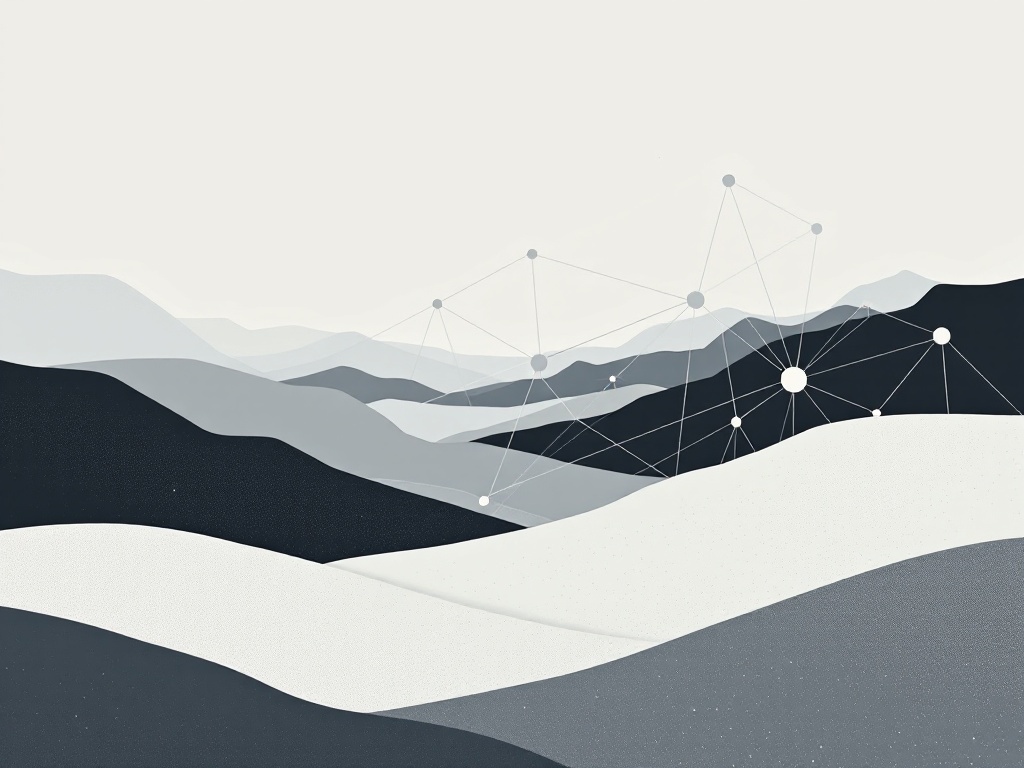 A clean, minimalist landscape featuring interconnected geometric shapes and lines in a muted color palette, conveying balance and dynamism.