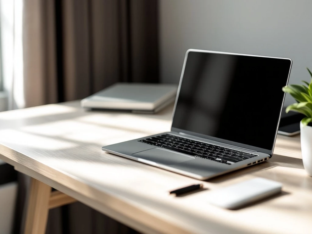 A sleek, minimalist office desk with a laptop, pen, and a potted plant under soft natural lighting.