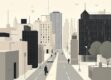 A minimalist cityscape with geometric architectural elements in neutral colors.