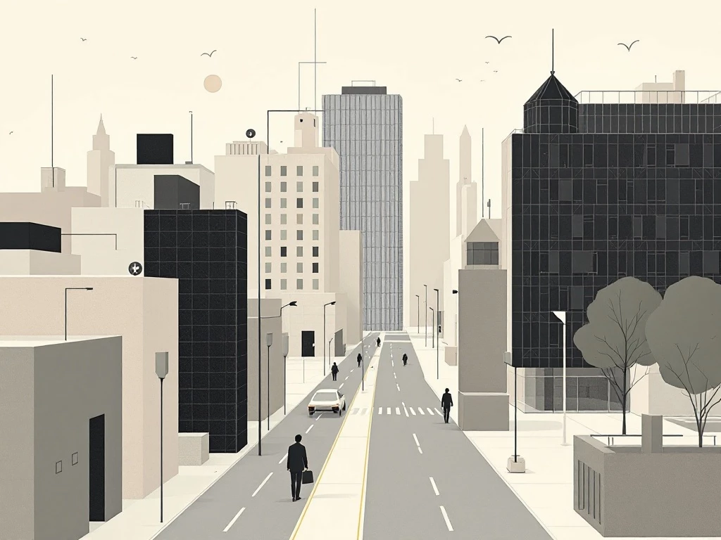 A minimalist cityscape with geometric architectural elements in neutral colors.