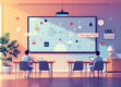 A modern digital illustration of a classroom setting with abstract symbols for intelligent agents in education.