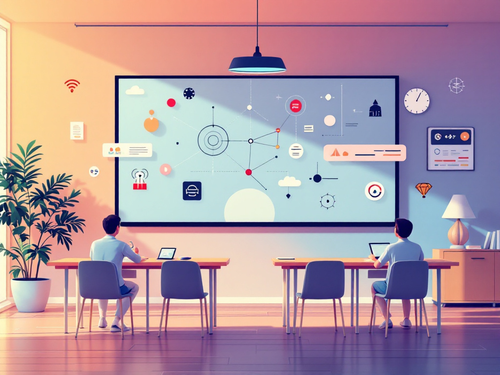 A modern digital illustration of a classroom setting with abstract symbols for intelligent agents in education.
