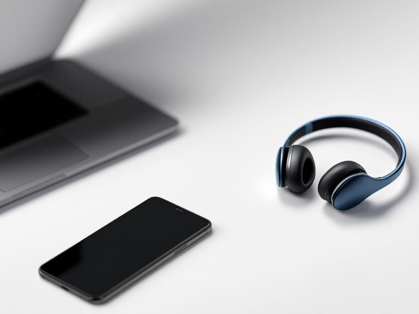 A clean, minimalist desktop scene featuring a laptop, smartphone, and wireless headphones against a plain background.