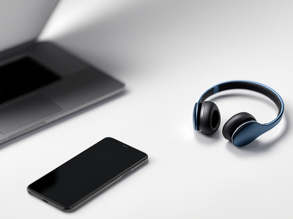 A clean, minimalist desktop scene featuring a laptop, smartphone, and wireless headphones against a plain background.