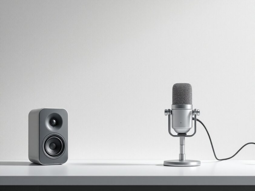A sleek, minimalist desktop setup featuring a microphone and speaker on a clean background, representing voice AI and digital interactions.