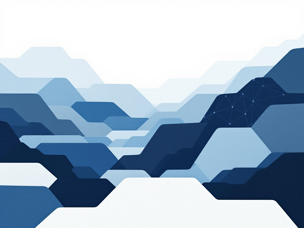 A minimalist geometric landscape with overlapping hexagonal shapes in blue, gray, and white.