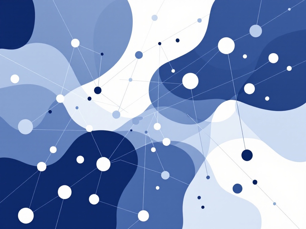 A minimalist illustration of interconnected shapes and lines in shades of blue, gray, and white representing agent-based modeling.