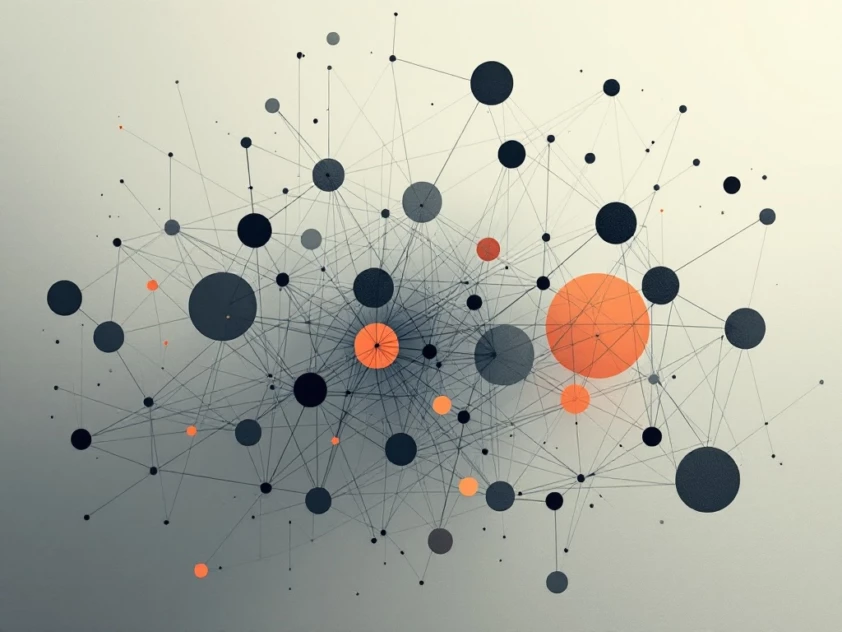 A minimalist illustration of interconnected shapes and lines representing agent-based systems.