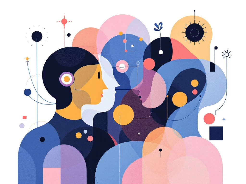 A minimalist, modern abstract illustration featuring stylized shapes symbolizing collaboration among intelligent agents.