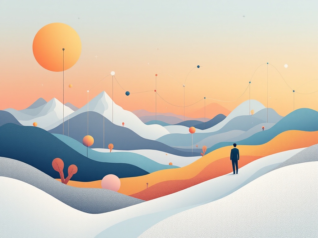 A modern, abstract landscape featuring geometric shapes and lines representing communication between autonomous AI agents.