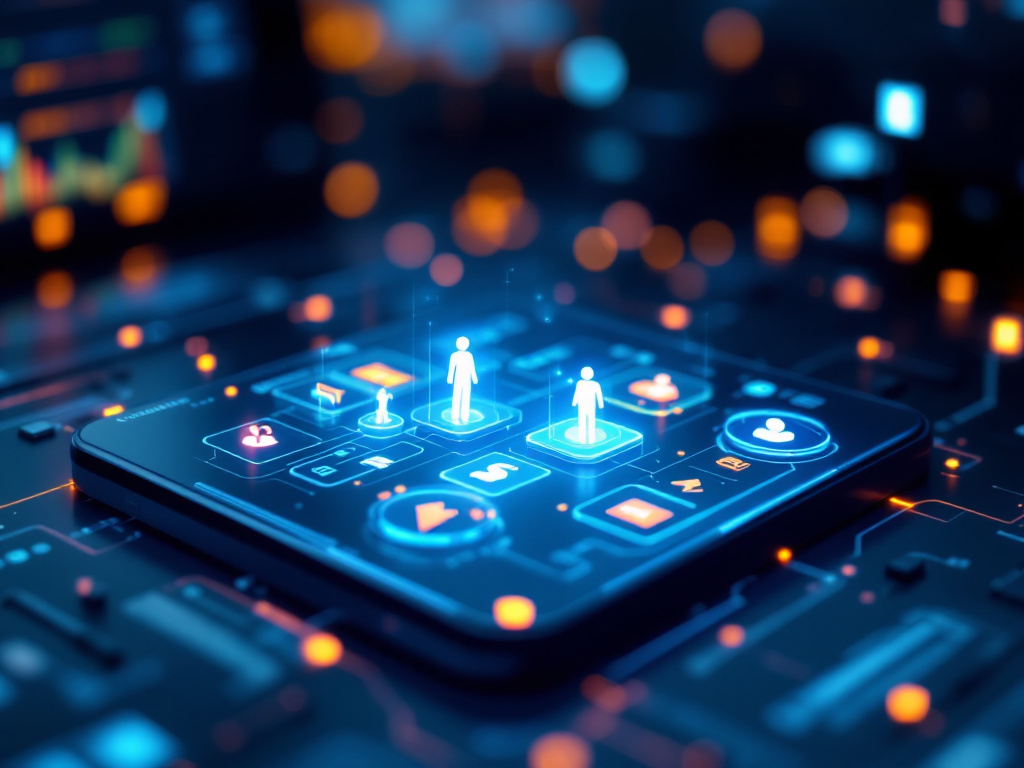A sleek, modern digital device with glowing animated buttons and icons, hinting at the power of AI-driven customer service chatbots.
