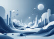 A sleek, minimalist digital landscape featuring abstract geometric shapes in muted tones of blue, gray, and white.