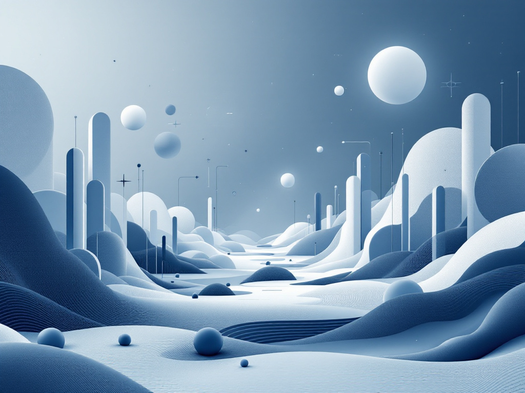 A sleek, minimalist digital landscape featuring abstract geometric shapes in muted tones of blue, gray, and white.