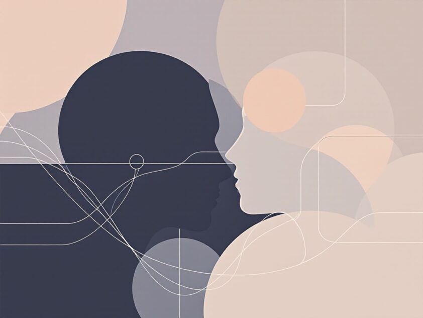 Minimalist composition with geometric shapes representing human and machine collaboration
