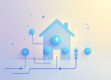 Digital illustration of a modern home energy system with geometric software agents in a blue-toned palette.