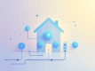 Digital illustration of a modern home energy system with geometric software agents in a blue-toned palette.