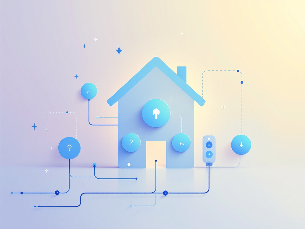 Digital illustration of a modern home energy system with geometric software agents in a blue-toned palette.