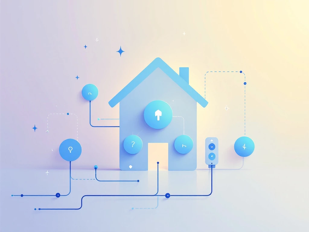 Digital illustration of a modern home energy system with geometric software agents in a blue-toned palette.