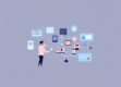 A minimalist illustration of a person interacting with digital devices, showcasing intelligent agents and user interfaces.