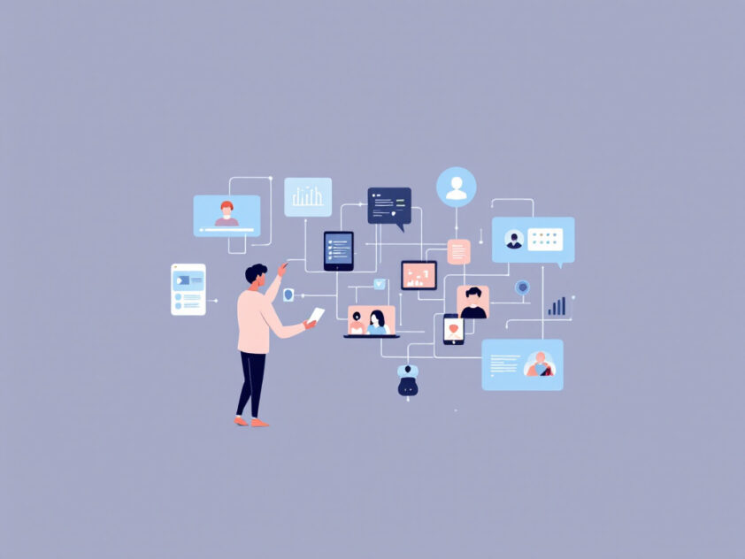 A minimalist illustration of a person interacting with digital devices, showcasing intelligent agents and user interfaces.