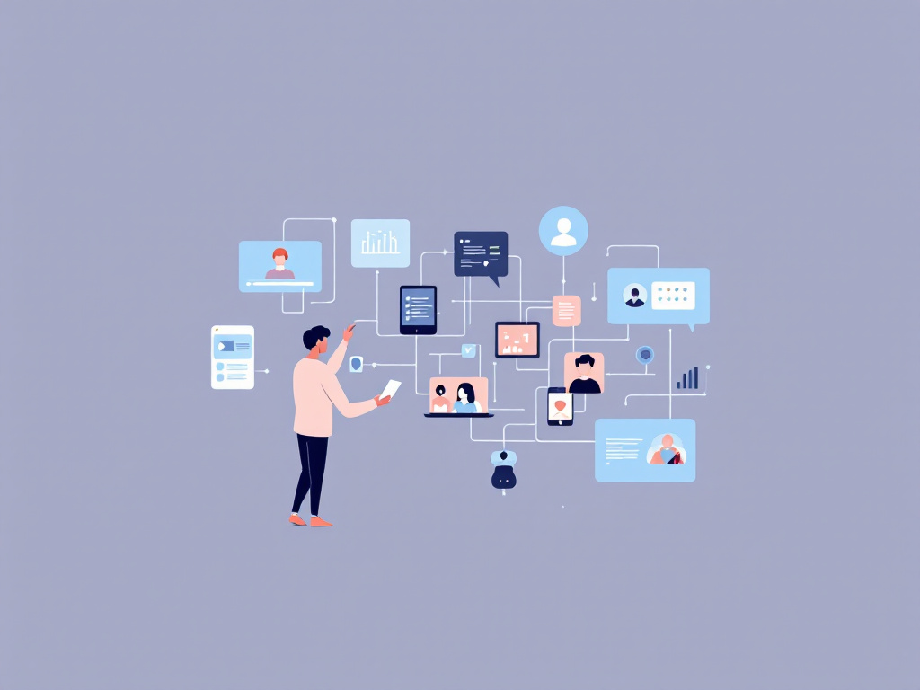 A minimalist illustration of a person interacting with digital devices, showcasing intelligent agents and user interfaces.