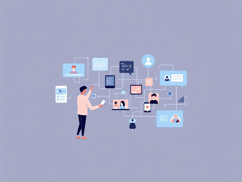 A minimalist illustration of a person interacting with digital devices, showcasing intelligent agents and user interfaces.