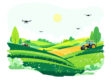 A minimalist landscape with autonomous farming equipment in a green field.