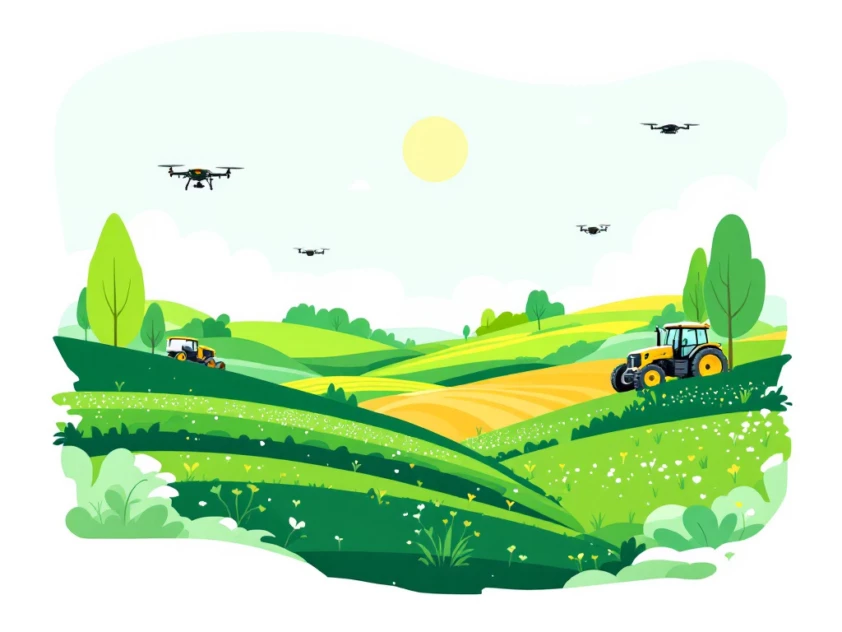 A minimalist landscape with autonomous farming equipment in a green field.