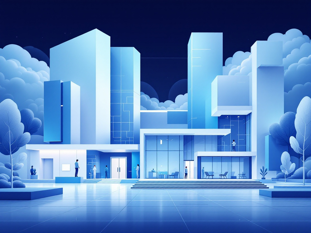Digital illustration of a modern and minimalist medical facility with geometric shapes.