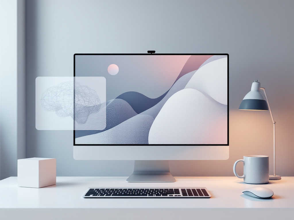 A modern, minimalist desktop scene with abstract geometric shapes and subtle gradients in a neutral color palette.