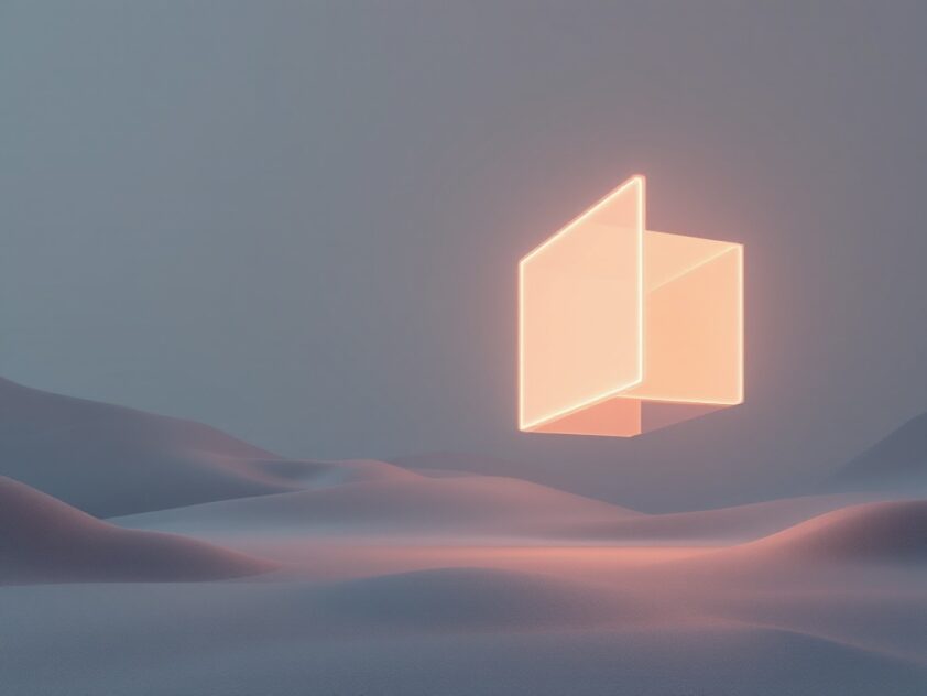 A glowing, abstract geometric form in a serene, muted landscape.