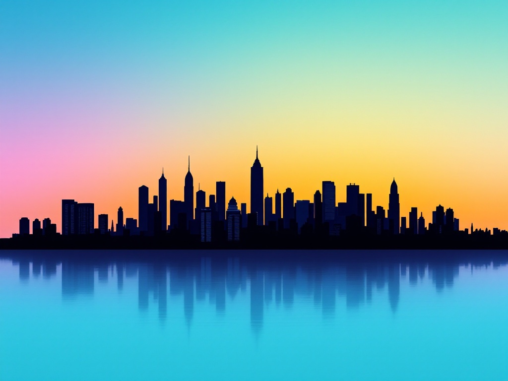 A minimalist city skyline silhouetted against a vibrant gradient sky.