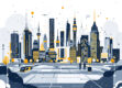 A modern, minimalist cityscape featuring geometric shapes and abstract elements representing smart city technology.