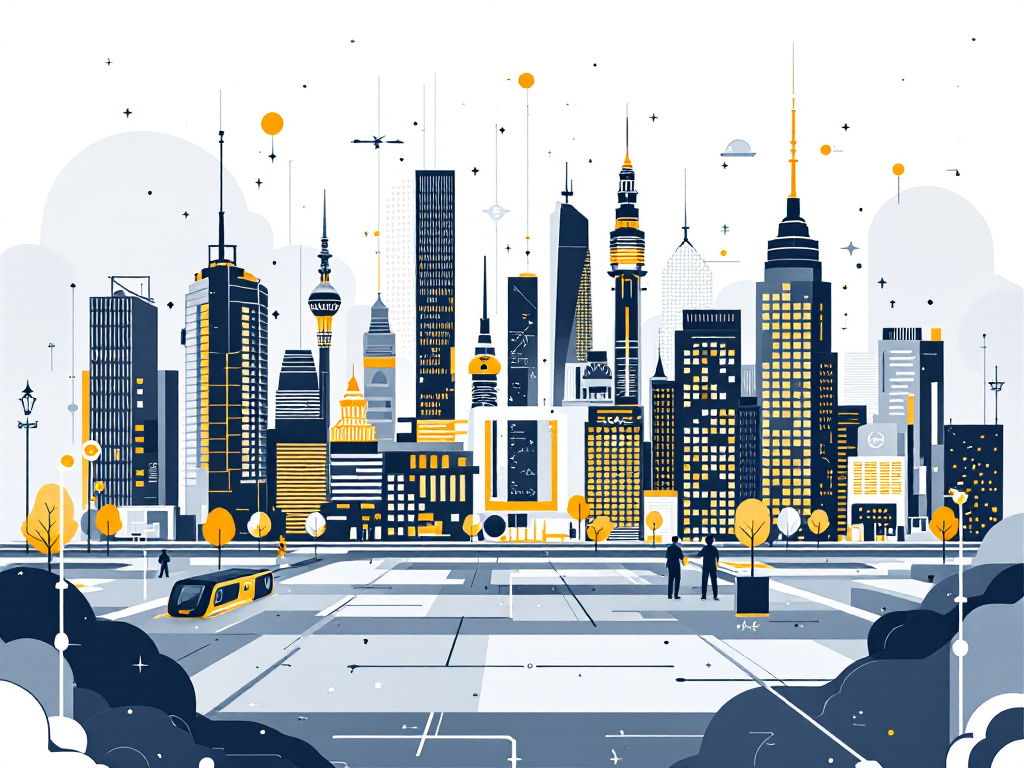 A modern, minimalist cityscape featuring geometric shapes and abstract elements representing smart city technology.