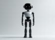 A sleek, modern digital agent or robot figure standing tall against a minimalist background