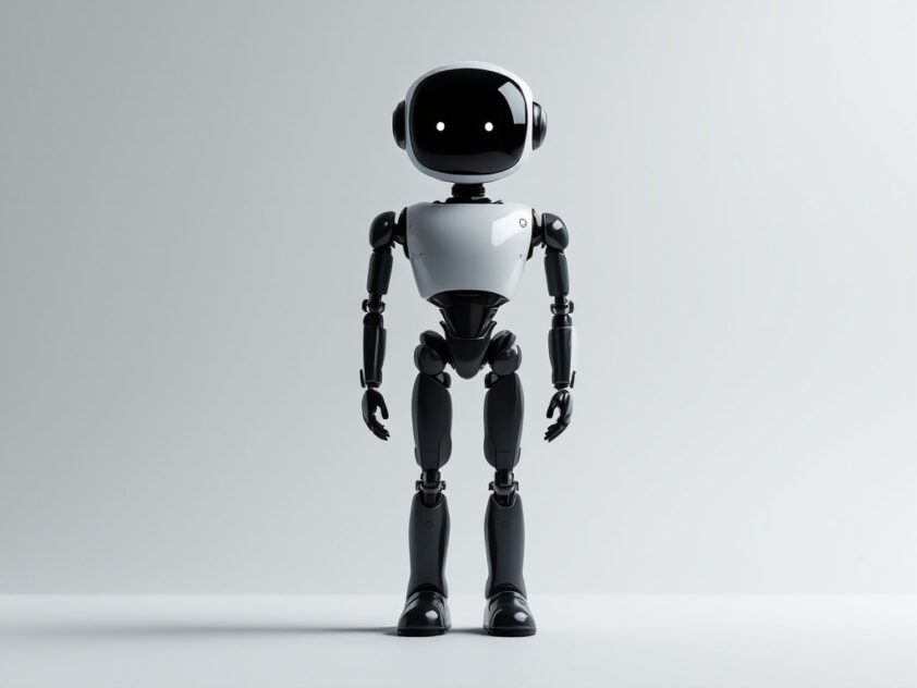 A sleek, modern digital agent or robot figure standing tall against a minimalist background