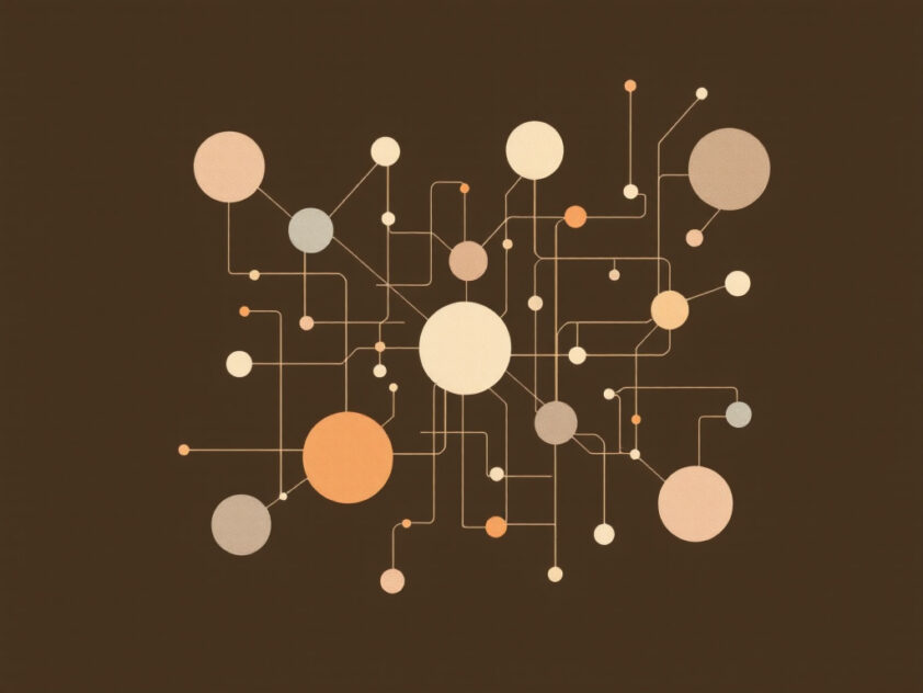 A minimalist illustration depicting a complex network of interconnected shapes in muted, earthy tones suggesting intelligent agents and interconnected systems.