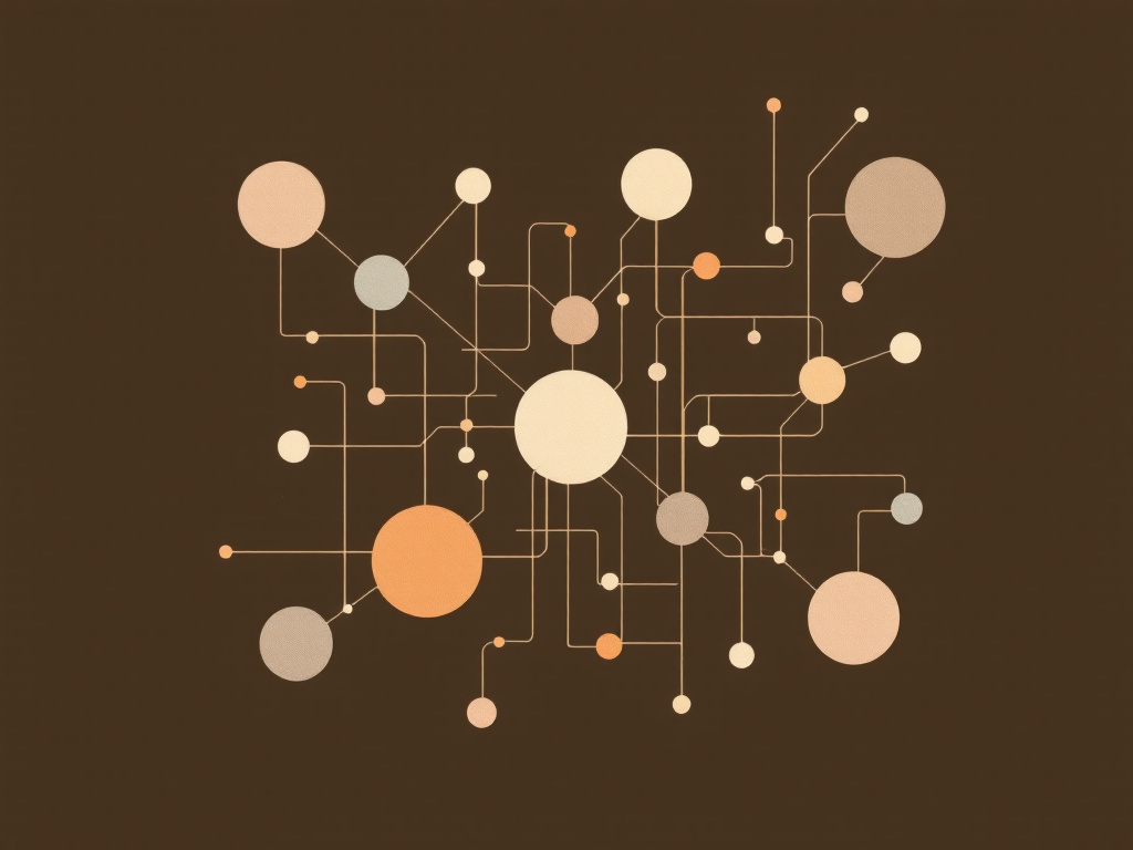 A minimalist illustration depicting a complex network of interconnected shapes in muted, earthy tones suggesting intelligent agents and interconnected systems.
