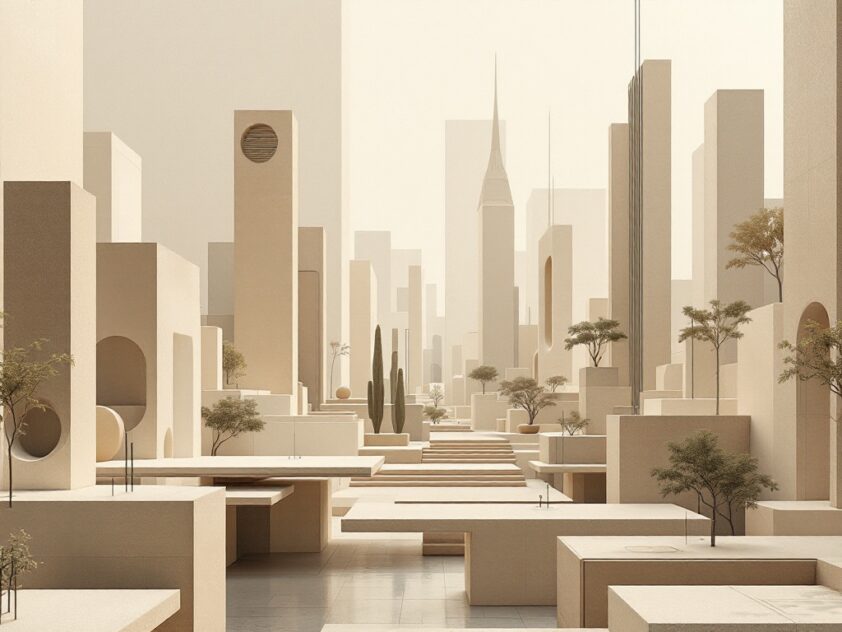 A modern, minimalist cityscape featuring abstract buildings and shapes in neutral, earthy tones.