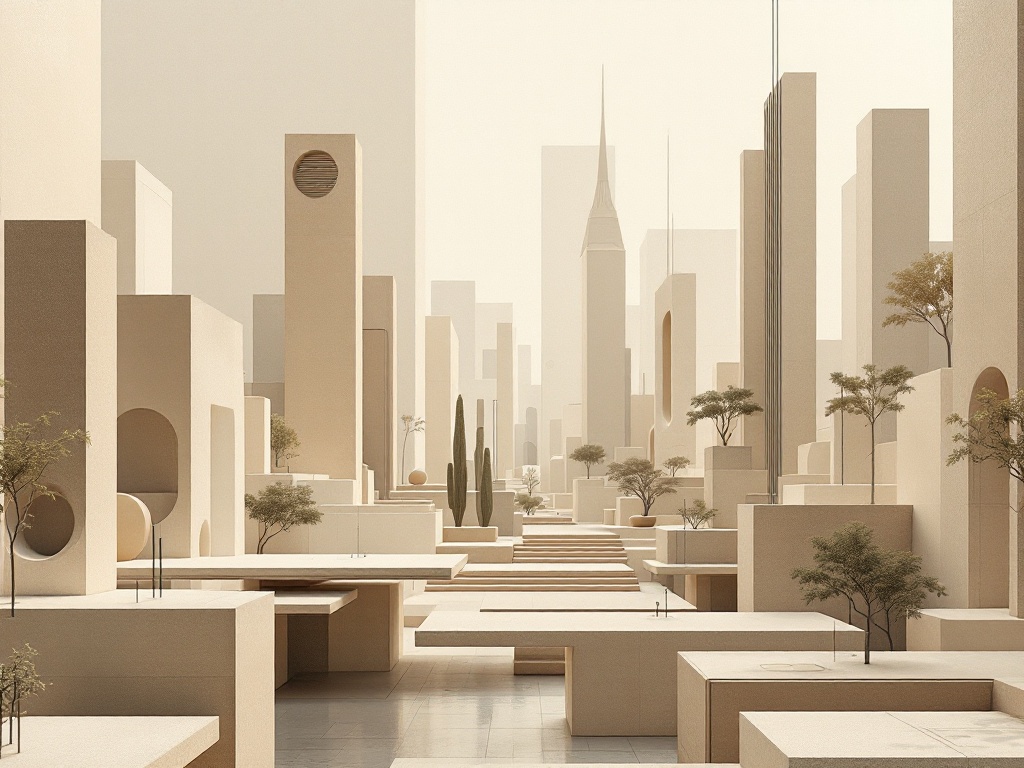 A modern, minimalist cityscape featuring abstract buildings and shapes in neutral, earthy tones.