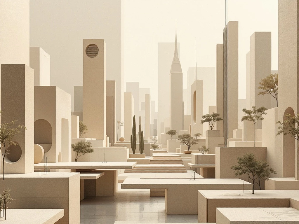 A modern, minimalist cityscape featuring abstract buildings and shapes in neutral, earthy tones.