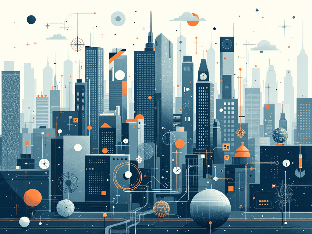 A modern, minimalist digital cityscape with geometric shapes and abstract architectural elements.