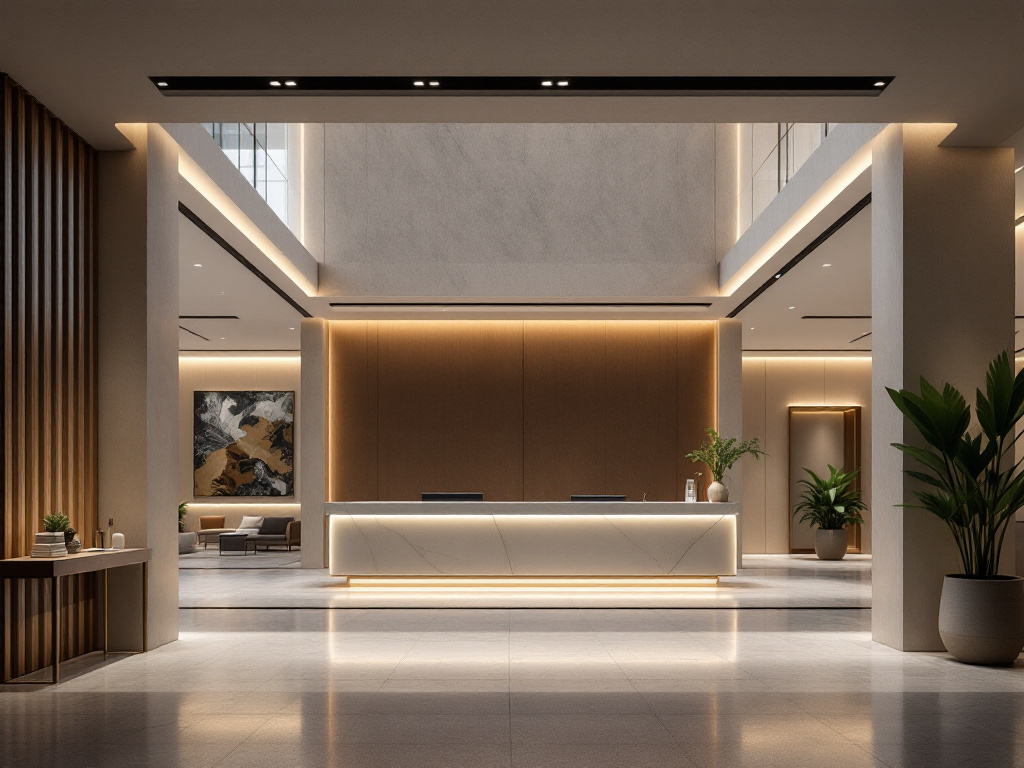 A modern, minimalist hotel lobby featuring clean lines, natural materials, and ambient lighting with a sleek concierge desk.